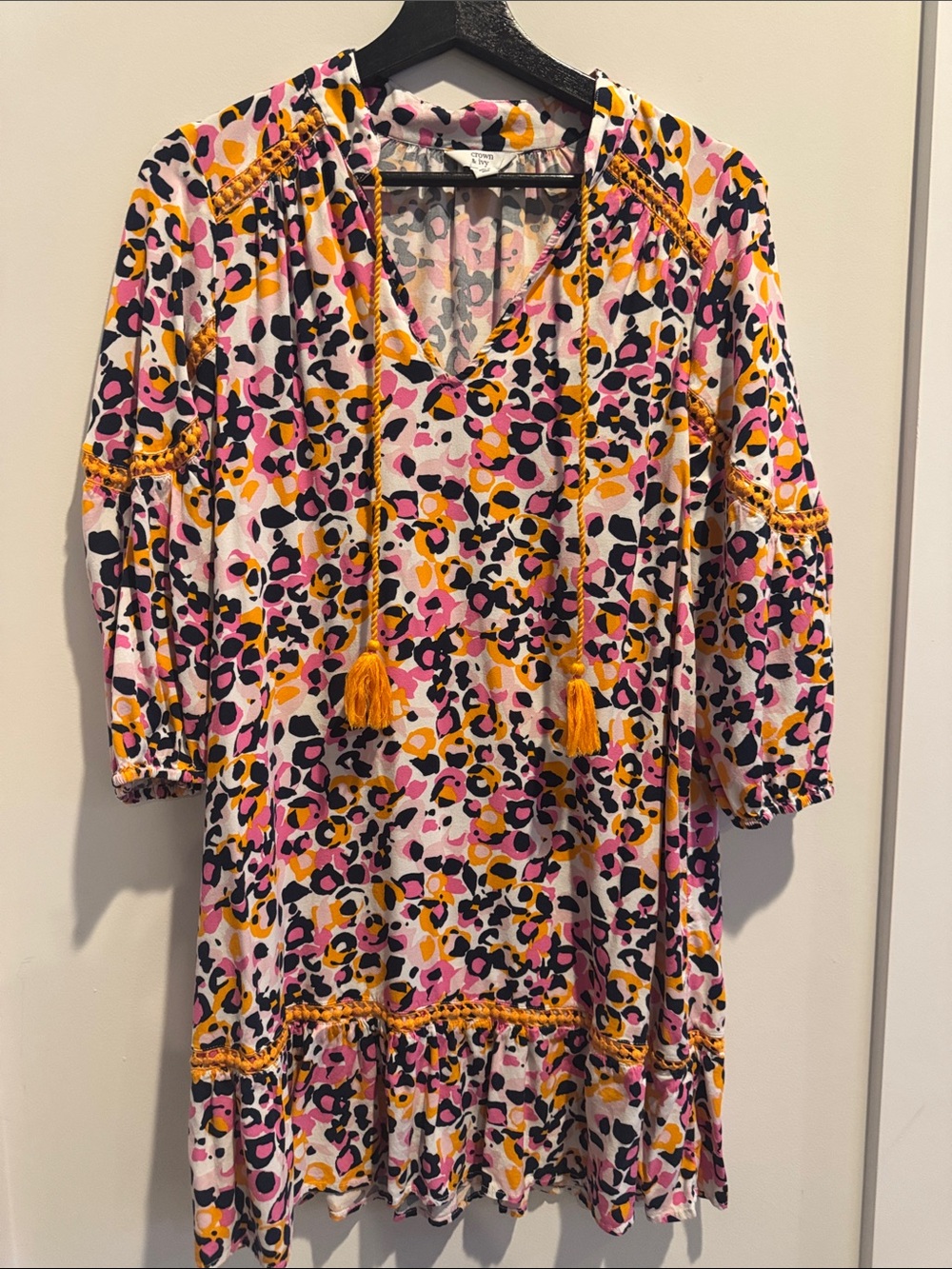crown & ivy Pink, Yellow & Black Leopard Print Boho Dress